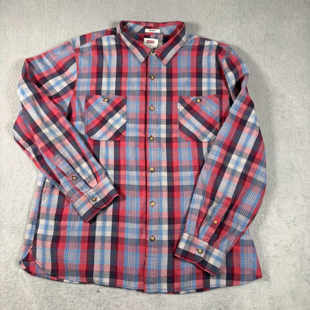 Levi's Button Down Shirt Mens XXL Red Blue Plaid Standard Fit 3LYLW2032